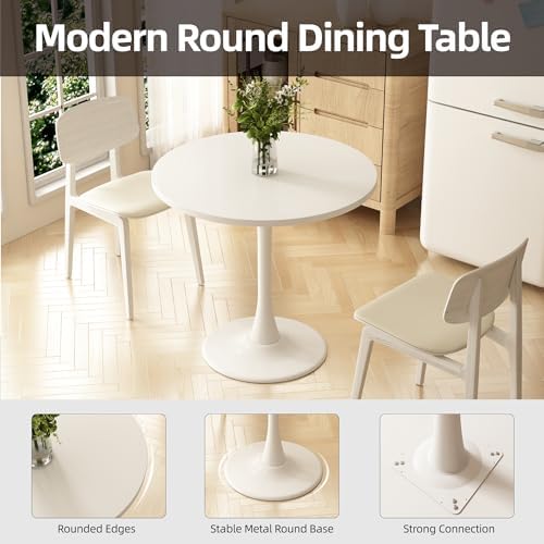 Round Dining Table 30" Circle Tulip Table for 4 People,White | Mid Century Modern Leisure Kitchen Table with Wood Thickened Tabletop Sturdy Metal Pedestal for Small Places Living Room Cafe