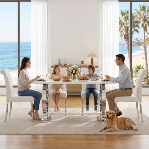 Asday 7 Piece Dining Table Set, Luxury White and Silver Dining Room Table Set with 60 inch Rectangular Dining Table and 6 White Leather Dining Chairs