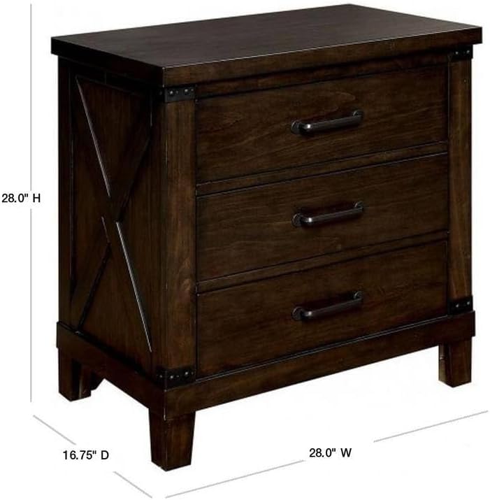 Rustic Style Dark Walnut Finish 1pc Nightstand Bedroom Furniture 3-Drawers Bedside Table Black Bar Pulls,for Small Spaces