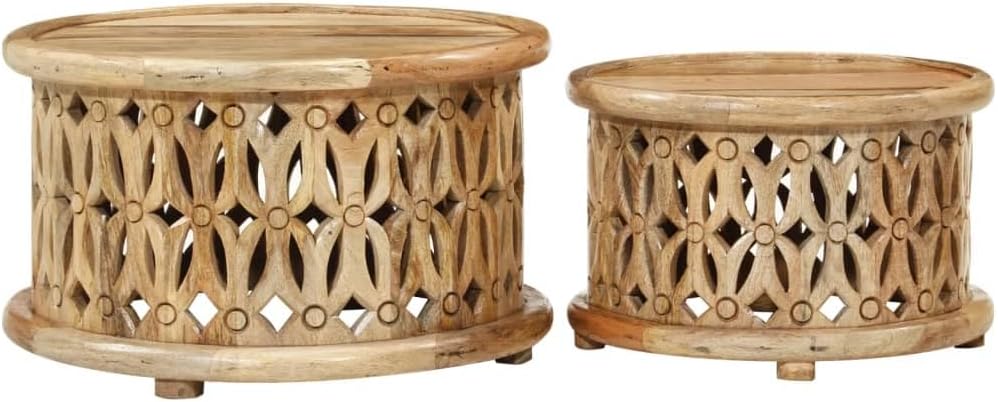 2 Piece Coffee Table Set Solid Mango Wood Round Nesting End Tables for Living Room Brown