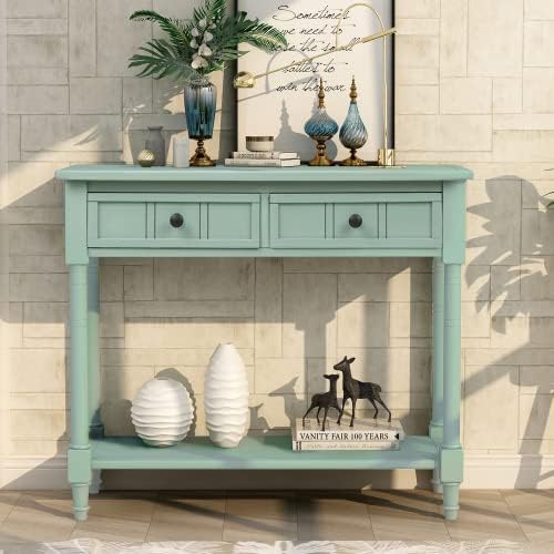Bellemave Console Table with 2 Drawers & Bottom Shelf, Retro Entryway Table with Storage & Turned Roman Legs, Solid Wood Sofa Tables for Entrance, Hallway, Living Room (Green/35)