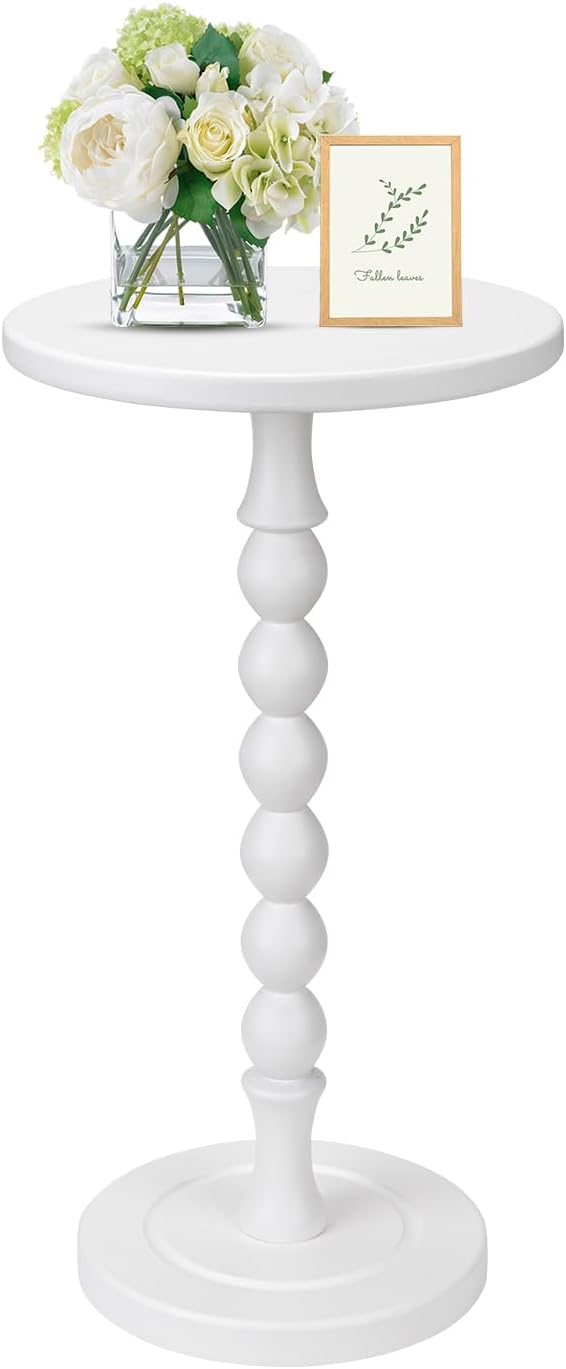 Round Side Table for Small Spaces, Drink Table with Oak Wood Pedestal, Modern End Table Nightstand for Living Room, Bedroom, Office, and Corners, Tool-Free Assembly, White