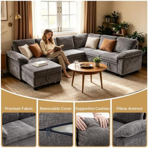 109" Sectional Sleeper 7 Sest Modular Couch Pull-Out Storage Sofa Bed | MastonHome Convertible U-Shaped Cloud Couch with Pillow Armrests, Chenille Fabric for Living Room, Apartment, Grey