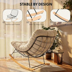 FLEXISPOT Oversized Outdoor Rocking Chair with Thick Cushion, Beige | Thick Cushioned Seat, Bonus Pillow, Modern Patio Papasan Rocker, Metal Frame Wood Base, For Porch Balcony Living Room