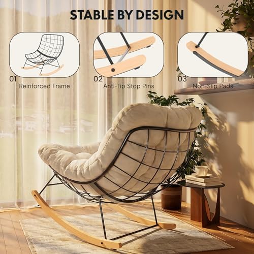 FLEXISPOT Oversized Outdoor Rocking Chair with Thick Cushion, Beige | Thick Cushioned Seat, Bonus Pillow, Modern Patio Papasan Rocker, Metal Frame Wood Base, For Porch Balcony Living Room