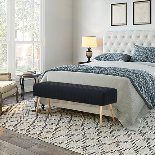 Furnimart 44 Inch Bedroom Ottoman Bench, Black Upholstered End of Bed Bench with Gold Legs for Living Room Bedroom Dinning Room Entryway, Black