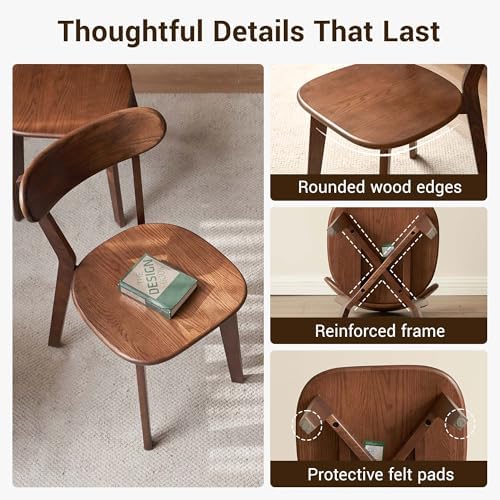 YESWOOD Oak Dining Chairs Set of 4, 100% Solid Wood Kitchen Chairs with Curved Backrest, Mid Century Modern & Farmhouse Side Chairs for Dining Room, Living Room, Study, Walnut