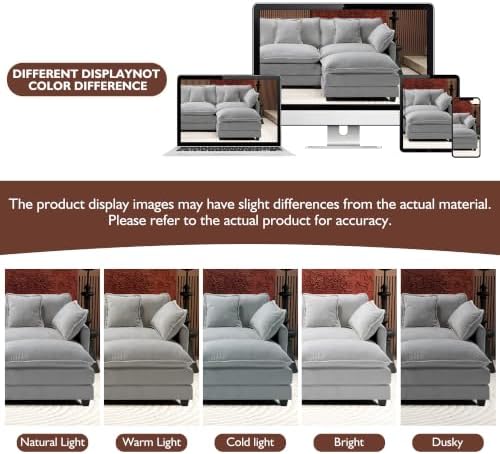 Ihanherry 111.4" L Shaped Modern Sofa Modular Sectional Cloud Couch with Ottoman, 4-Seat Chenille Deep Seat Sofa with Pillow for Living Room, Bedroom and Apartment, Grey
