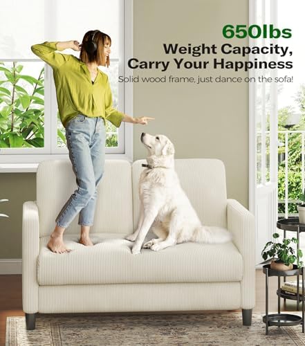 Welzona Loveseat, 51" Small Couch, Corduroy Love Seat, Small Loveseat Sofa | Comfy Corduroy Fabric, Tool-free Setup, Washable Covers, All-wood Small Sofa Couch for Living Room, Bedroom, Beige