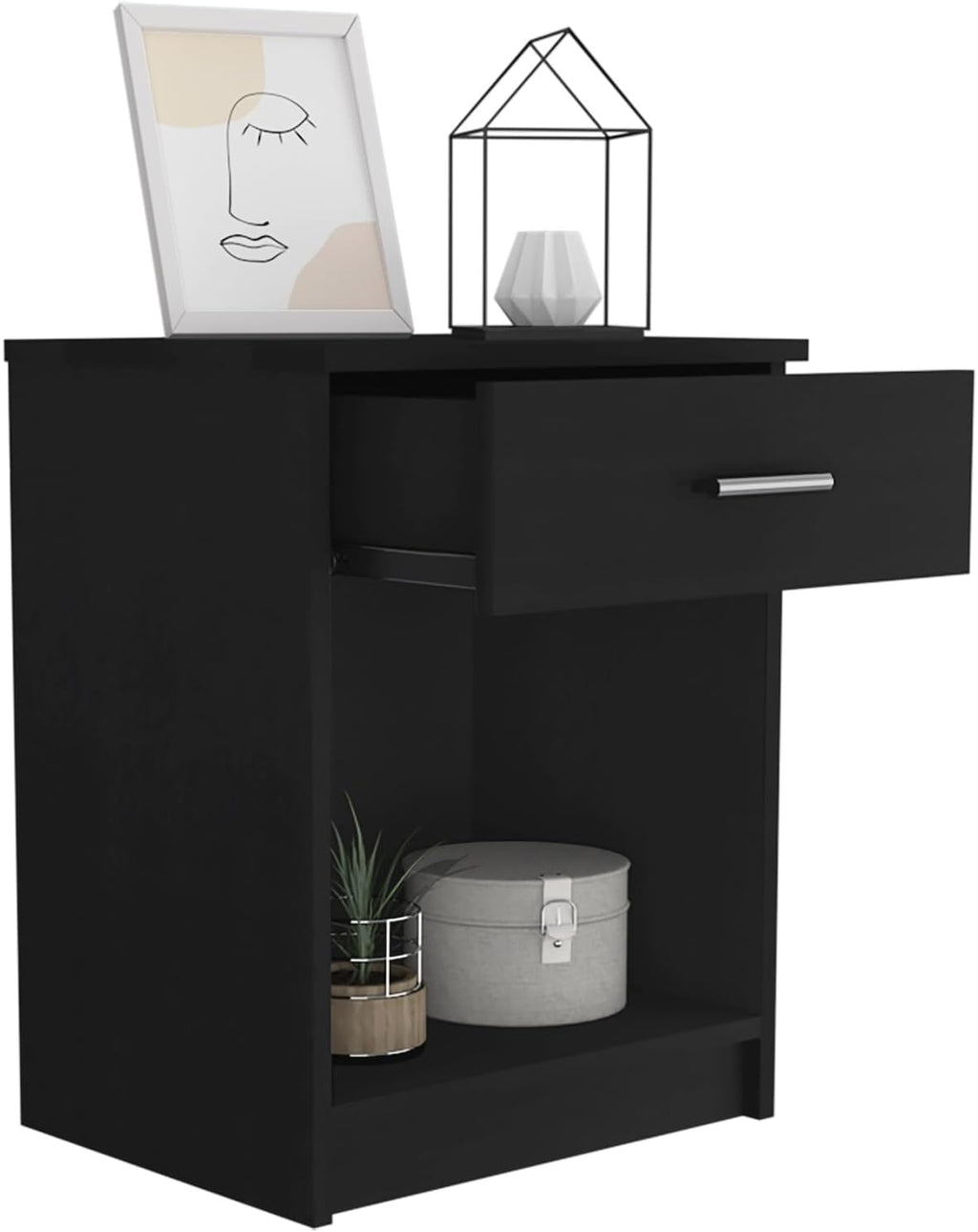 Nightstand 21" H, One Drawer, Low Shelf, Superior Top, Black,for Small Spaces