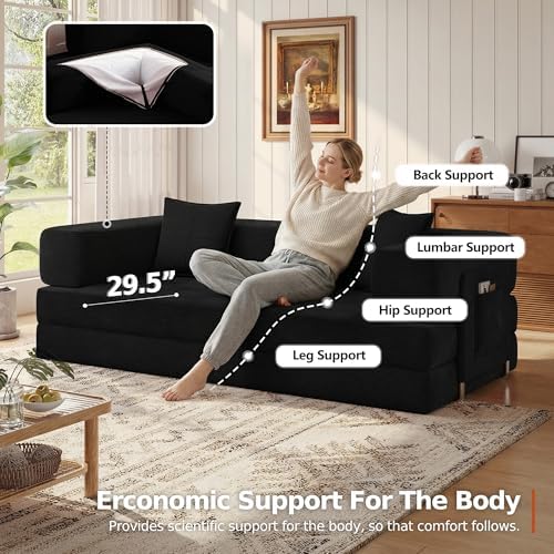 MoonSpeak 78.8'' Futon Sofa Bed, Couches for Living Room | Corduroy Convertible Futon Sofa Bed with Storage Pocket, Modular Sleeper Couch in a Box, No Assembly (Black)