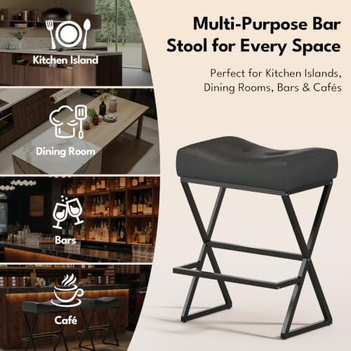 Counter Height Bar Stools Set of 2, Backless 26" Saddle Barstools, Grey | 300lb Weight Capacity, Waterproof PU Leather, Padded Saddle Seat, X-Shaped Metal Legs, Industrial, Home & Commercial Use