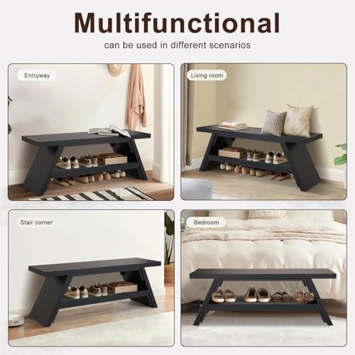 2-Tier Shoe Storage Bench, 47" Solid Wood Entryway Stool Storage | Narrow Shoes Racks for Entryway, Minimalist Multi-Purpose Bench for Hallway, Kitchen, Bedroom, or Dining Room