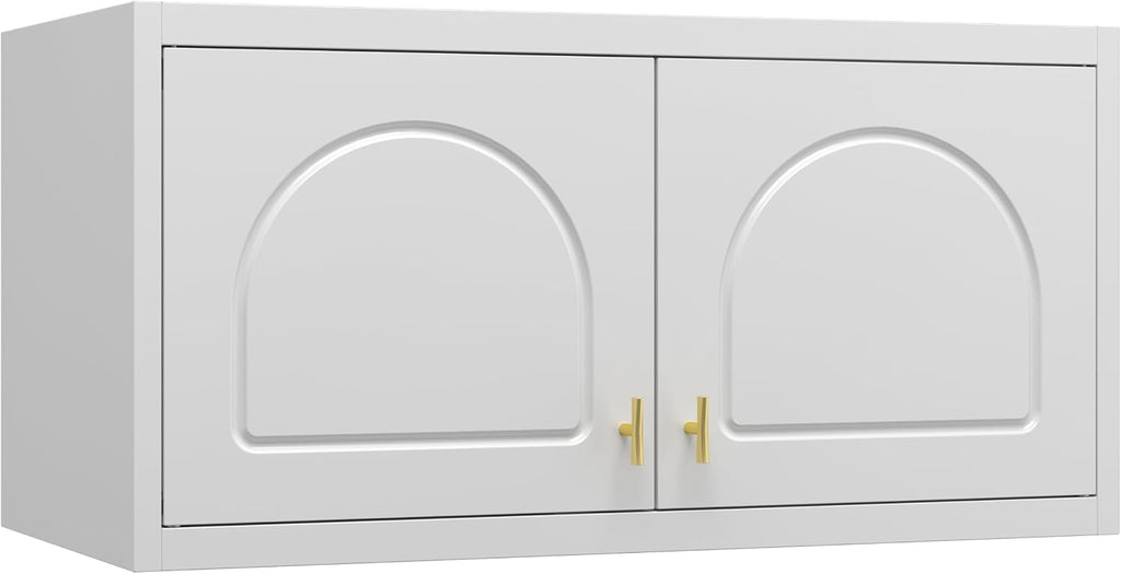 32" Wall Metal Storage Cabinet with Doors & Gold Handle | Adjustable Shelf, Sturdy Cold Rolled Steel, Hanging Storage, Bathroom, Pantry, Kitchen, 2 Doors, Tools Included, Space-Saving