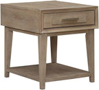 Pemberly Row 3-Piece Living Room Table Set, Sandstone Wood Finish, Includes Rectangular Cocktail Table with Casters and 2 End Tables, Open Bottom Shelves, Brushed Nickel Hardware, Contemporary Home