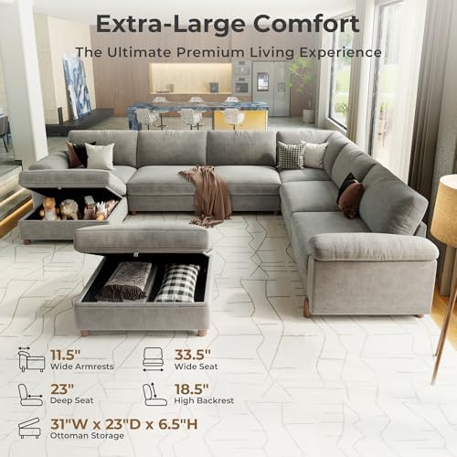 SITJOY Cloud Couch Sectional, 6 Seater V-Shaped, Chenille in Light Gray | Detachable and Washable Cover, Sectional Sofas for Living Room, Deep Seat Wide Couch with Chaise, Storage Ottoman