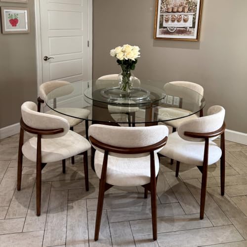 POVISON Modern Dining Room Chairs Set of 6, Armless Cotton Linen Dining Chair Set with Sackcloth Cushions and Dark Walnut-Coloured Ash Wood, Pre-Assembled Design (Beige)