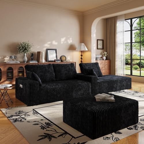 108" U-Shape Modular Sectional Cloud Couch with Ottoman, Deep Seat Couch with Oversized Chaise Lounge, Comfy Flannel Fabric Sofa for Living Room Bedroom Apartment Game Room Basement