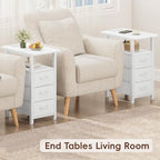Vagusicc White End Table with Charging Station, Narrow Side Table, Narrow Nightstand with 3 Fabric Drawers, Slim Sofa Side Table for Small Spaces, Small Night Stand for Bedroom, White