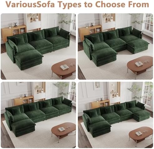 mikibama Modular Sectional Sofa, 111.5 Inch L Shaped Couch Set for Living Room, 3-Seater Comfy Cloud Couches with Movable Ottoman, DIY Combination, Chenille, Evergreen