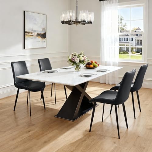 Black Dining Chairs Set of 8, Mid Century Modern Faux Leather Kitchen Chairs, Comfy Upholstered Dinner Chairs with Durable Metal Legs for Dinning Room Living Room Kitchen, Black