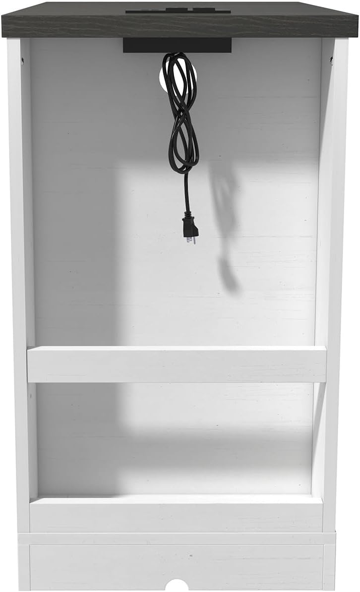 Clihome End Table with Charging Station, 15.4'' Rustic Nightstand with Barn Door & Adjustable Shelf, Wooden Sofa Side Table with 3-Tier Storage for Living Room, Bedroom, White