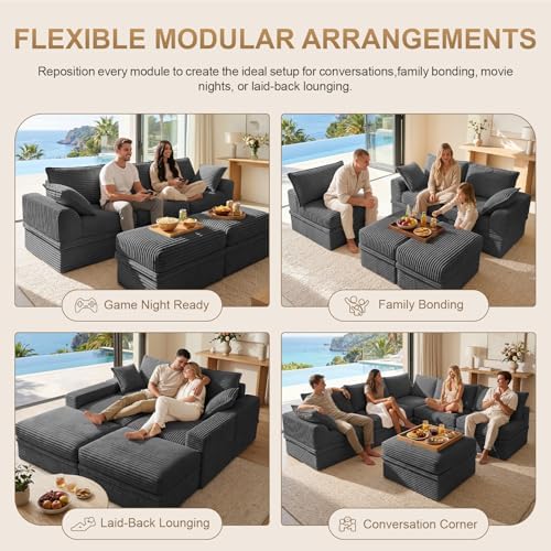 Upgraded Couch with Storage, Sectional Couches for Living Room, L-Shaped Modular Cloud Corduroy Sofa with Ottoman & Pillows, Oversized Deep Seat Memory Foam Couch, No Assembly(Gray, 107" L)