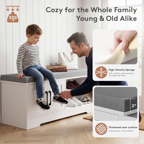 Farmhouse Shoe Storage Bench with 3-in-1 Entryway Storage & Padded Seat | 39.6" Wide Entryway Bench with Adjustable Shelves, Shoe Organizer & Side Storage Rack for Living Room, Bedroom, White