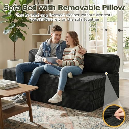 5-in-1 Convertible Sofa Bed, Couch Loveseat with Removable Cushions & Washable Cover, Futon Sofa Bed with Handle, Pull Out Couch for Small Spaces, Queen Size, Black