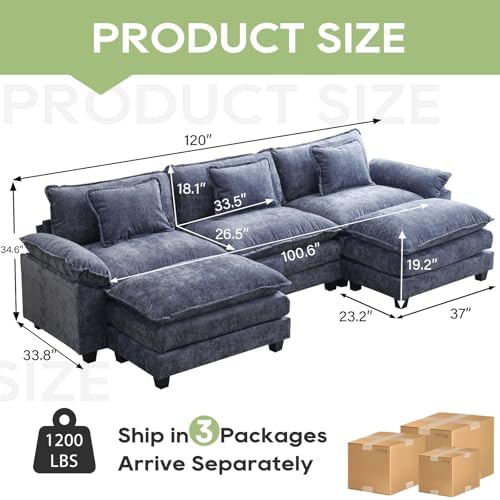 Oprisen 120" Modular Sectional Sofa, Comfy Deep Cloud Couch with Ottoman | U-Shaped Couches for Living Room, Modular Couch, Deep and Wide Seat, Chenille Sofa Sleeper with Throw Pillows, Blue