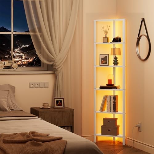 TUTOTAK 6-Tier Corner Bookshelf with LED Light, Corner Shelf