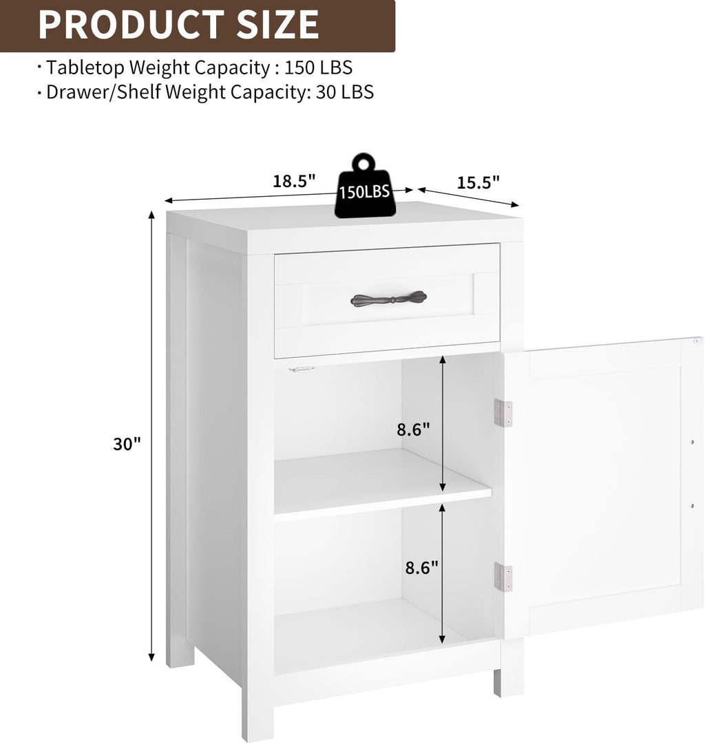 White Nightstand with Drawer, Farmhouse End Table with Storage Cabinet and Adjustable Shelf, 30" Tall Bedside Table Rustic Wood Sofa Side Table for Living Room, Bedroom
