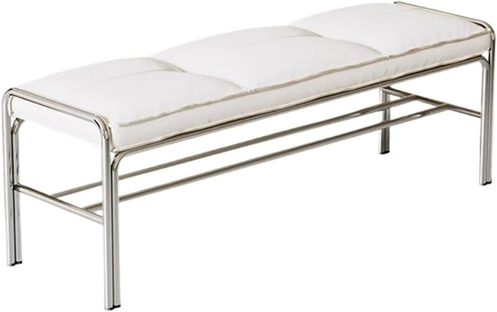 Modern Stainless Steel Long Bench with White Leather Cushion Home-use Soft-Padded Shoe Changing Stool Entryway(Small)