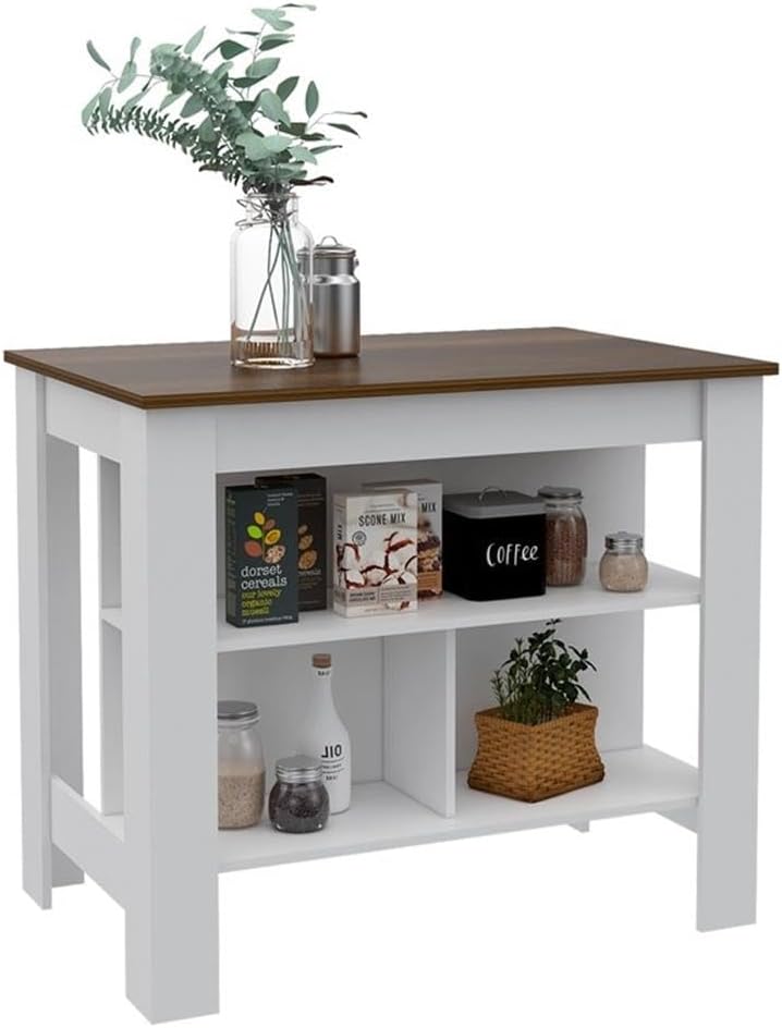 Tuhome Furniture Cala Modern Engineered Wood Kitchen Islands with Large Table Top & 3 Storage Shelves, Easy Assembly, in White/Walnut Finish