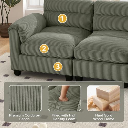 HAOMARKETS Corduroy Sofa Set, Upholstered Armchair and Loveseat with Plush Cushions and Rolled Arms, Modern Living Room Furniture Sets,Green
