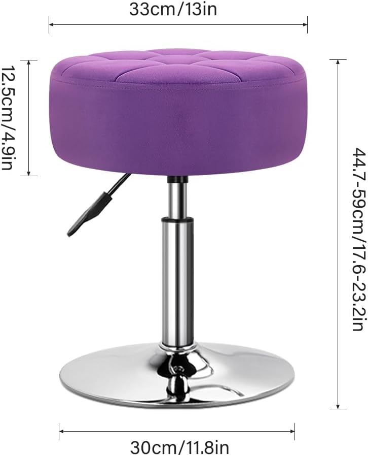 WKWKER Velvet Upholstered Vanity Stool Swivel Adjustable Makeup Stool for Makeup Room Small Round Ottoman for Living Room Makeup Chair for Bedroom SPA Salon Studio (Purple)