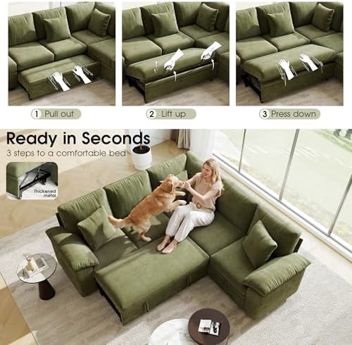 Sectional Sleeper Sofa with Pull Out Bed, 86" L Shaped 5 Seat Couch with 151L Storage, Convertible Cloud Couch Bed, Modular Sectional Couches for Living Room, Apartment (Green)