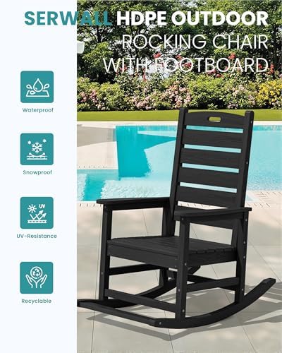 SERWALL Outdoor Rocking Chair Set of 2, Oversized HDPE Rocker, Black | Heavy Duty Front Porch Rocker with Footrest, all Weather Porch Rocker for Deck Patio Balcony, 350lbs Weight Capacity