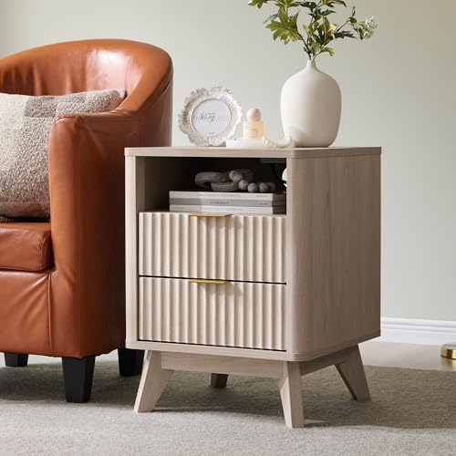 T4TREAM 18" Fluted Nightstand with 2 Drawers Set of 2, White Alder | Charging Station, Open Cubby, Mid Century Modern, Curved Profile, Metal Handles, Smooth Slides, Cable Cutout, Living Room
