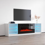 Meble Furniture Boston 01 Electric Fireplace TV Stand — High Gloss Modern Media Console with LED Lights and Storage — Fits TVs up to 90" — White, 79" W