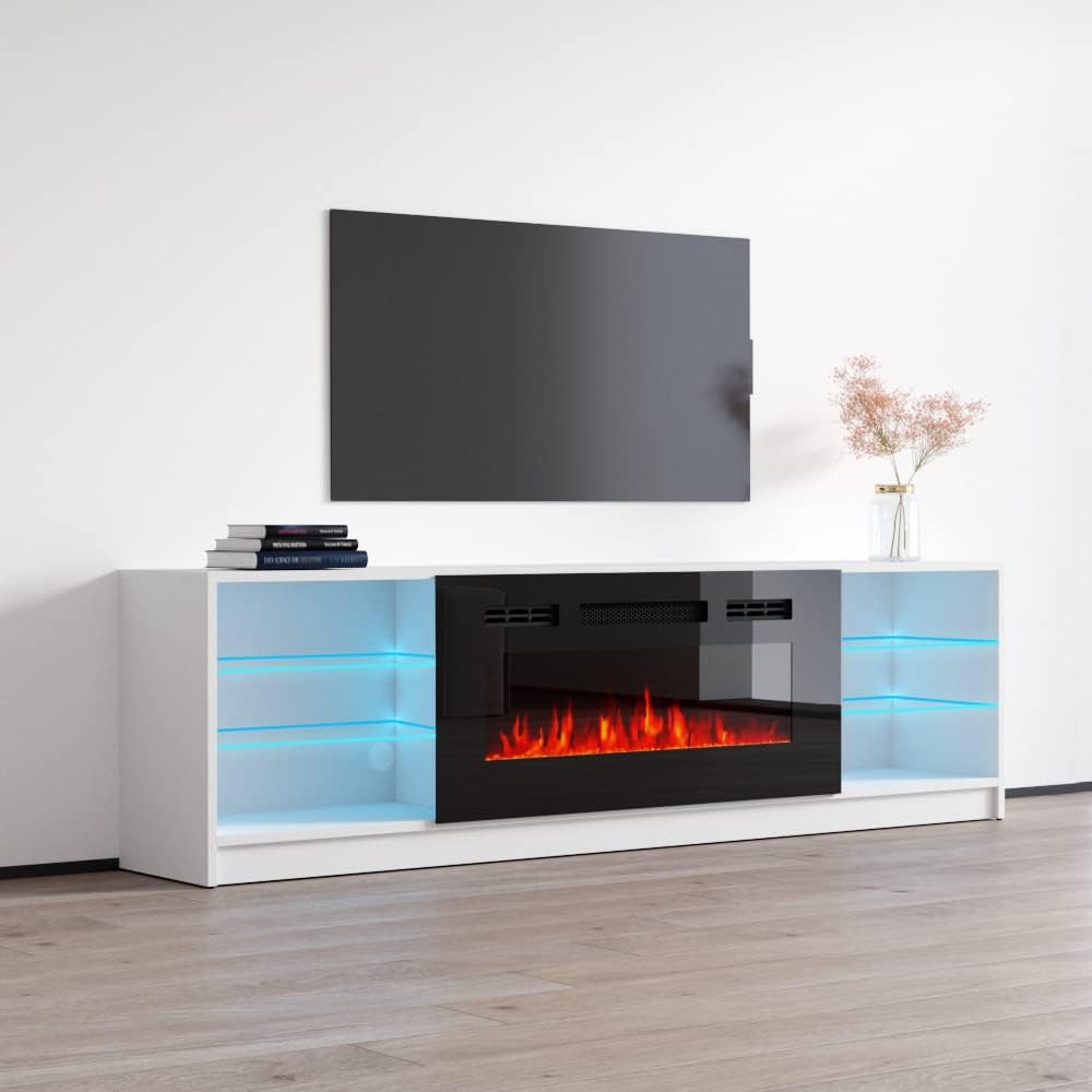 Meble Furniture Boston 01 Electric Fireplace TV Stand — High Gloss Modern Media Console with LED Lights and Storage — Fits TVs up to 90" — White, 79" W