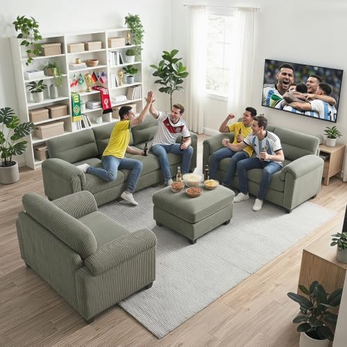 HAOMARKETS Corduroy Sofa Set, Upholstered Armchair and Loveseat with Plush Cushions and Rolled Arms, Modern Living Room Furniture Sets,Green