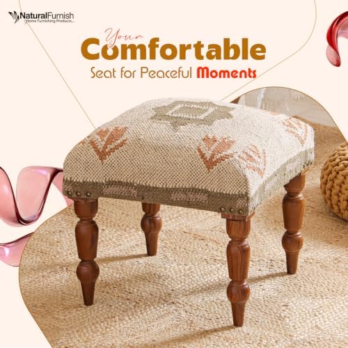 Handmade Jute Upholstered Ottoman Stool | Square Foot Rest with Wooden Legs | Decorative Accent Seating for Bedroom, Living Room, Entryway, Vanity & Hallway (Beige-Green)