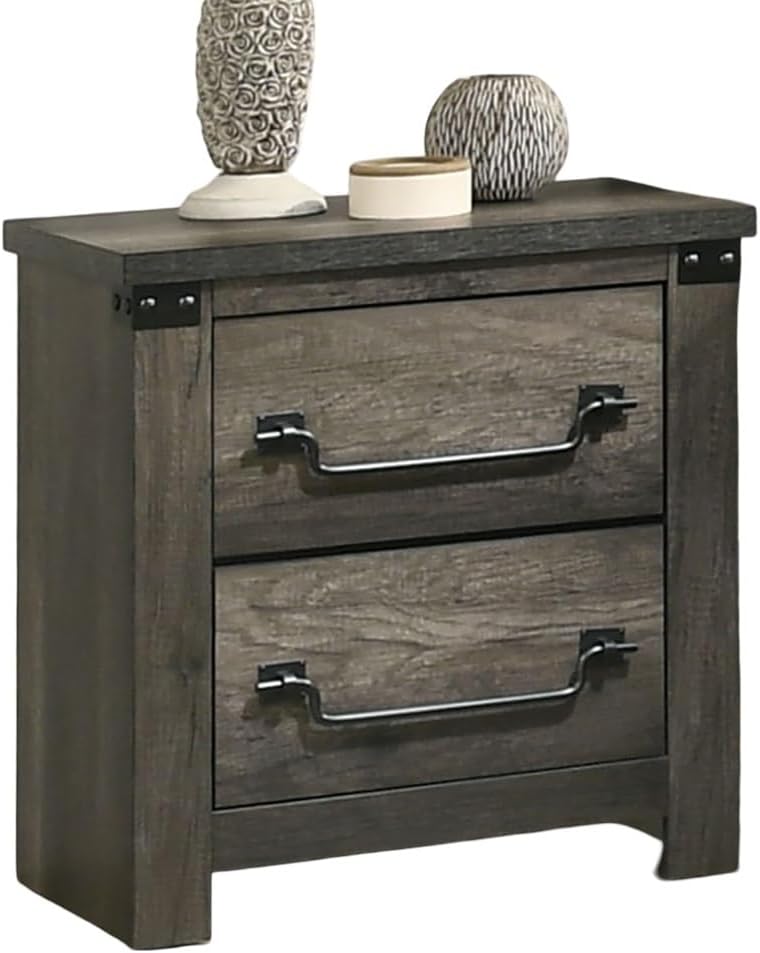 Rustic Gray 1pc Bedside Table Melamine Paper Wooden Nightstand Antique Brass Color Drop Handles,for Small Spaces