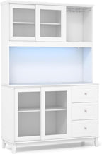 73” Kitchen Pantry Storage Cabinet w/Power Outlets & Led Lights | Tall Cupboard w/ Hutch, Wine Glass Racks, Adjustable Shelves, Drawers, Microwave Shelf for Dining Room (Espresso)