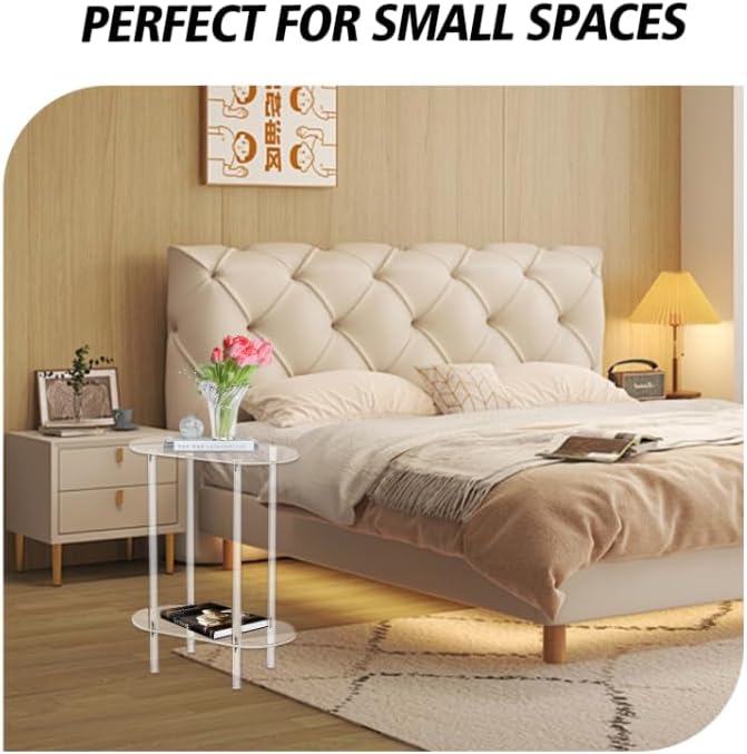 Modern Clear Acrylic Narrow Side Table for Small Spaces, 15.55" L x 7.87" W x 19.68" H, 2 Tier Oval End Table Nightstand, Small Bedside Table for Bedroom, Bathroom, Living Room(Oval)