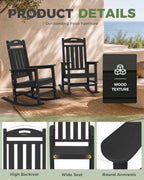 Oversized Outdoor Rocking Chair, High Back Porch Rocker Chair, HDPE All Weather Resistant Rocking Chairs for Patio, 380lbs Weight Capacity, Black