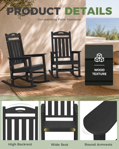 Oversized Outdoor Rocking Chair, High Back Porch Rocker Chair, HDPE All Weather Resistant Rocking Chairs for Patio, 380lbs Weight Capacity, Black