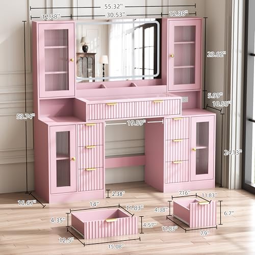 55" Vanity Desk with Mirror & Lights, Fluted Makeup Vanity with 8 Drawers & 4 Cabinets, Tempered Glass Top, RGB Cabinet Lighting, 3-Color Dimmable Mirror, and Charging Station