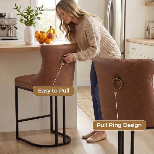 AQO Counter Height Bar Stools Set of 4 for Kitchen Island, Modern Bar Stools with Backs, 26 Inch Barstools with Upholstered Faux Leather Seat and Footrest, Brown